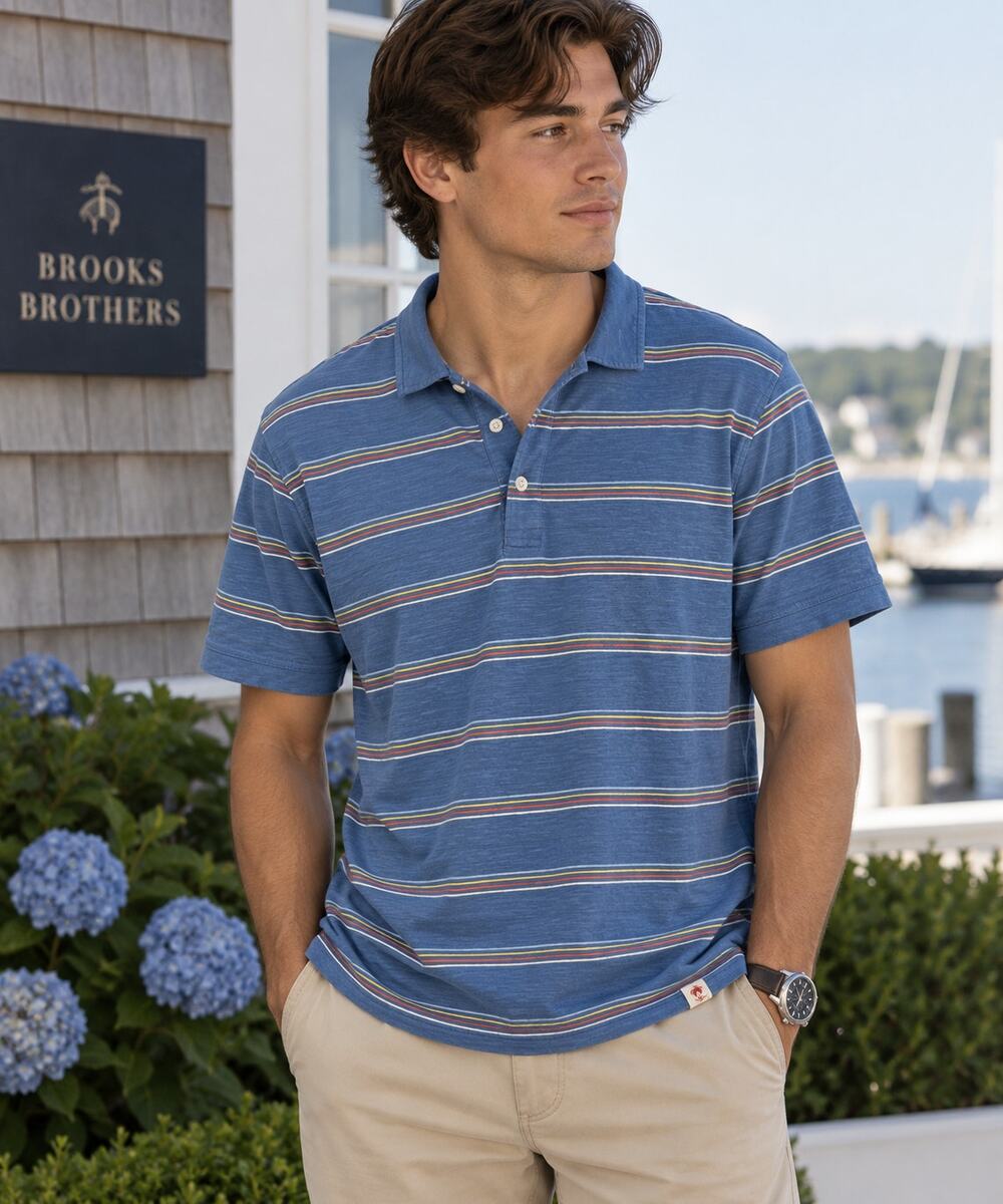 Brooks Brothers Henley Shirt Blue Multi Stripe Short Sleeve Preppy Men's XL